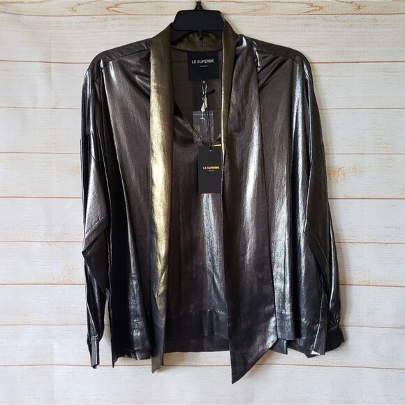 Le Superbe Costes Tie Front Metallic Vintage Gold Pewter Blouse Women's Medium - Picture 6 of 12